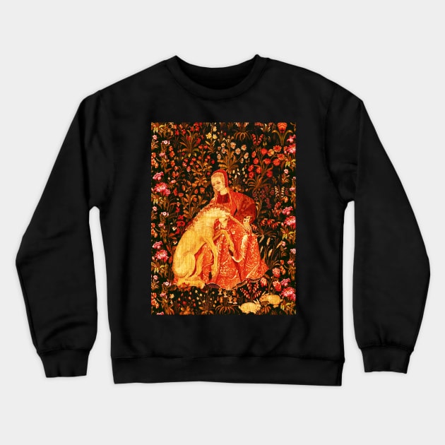 LADY AND UNICORN AMONG FLOWERS ,HARES,Red Brown Green Floral Crewneck Sweatshirt by BulganLumini